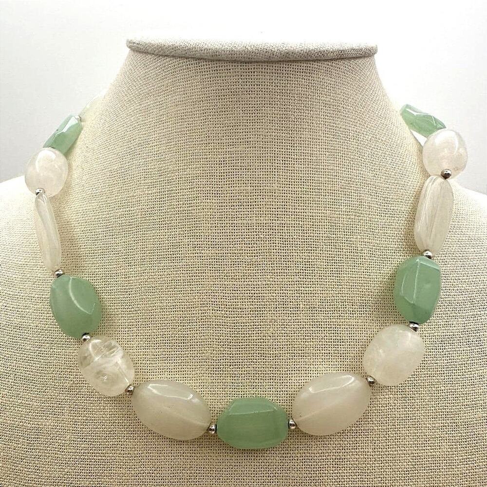 Vintage Y2K Silver Tone Aventurine Quartz Beaded Statement Necklace Boho Jewelry